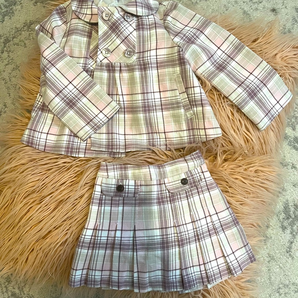 Janie & Jack Set with Plaid Peacoat and Pleated Skirt (2T-3T)